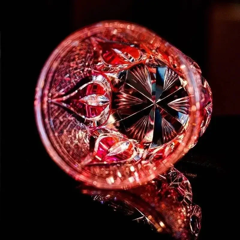 High-end Pink Crystal Edo Kiriko Whiskey Cup Hand Engrave Flame Liquor Wine Drinking Glass Brandy Snifter Top Present Wineglass