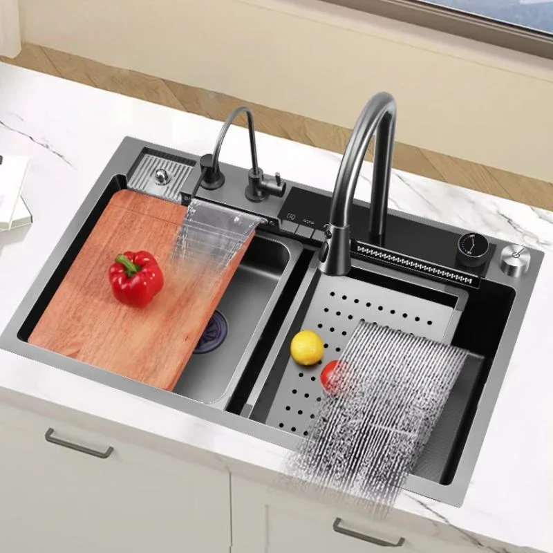 Waterfall Kitchen Sink with Multifunction Digital Display Faucet Stainless Steel Embossed Large Single Slot Kitchen Accessories