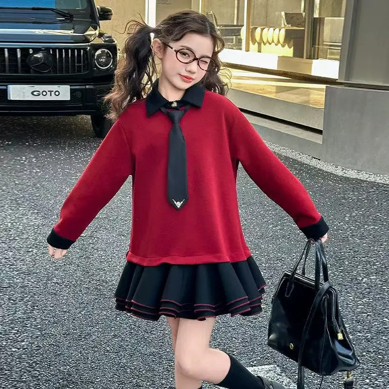 2025 New Fashion Academy Style Puff Skirt for Children's Spring and Autumn Girls POLO Collar Hoodie Casual Dress