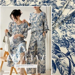 Brand Fashion Design Fabric Blue and White Porcelain Printed Drape Dress Wide Leg Pants Shirt Polyester Satin Fabrics Cloth