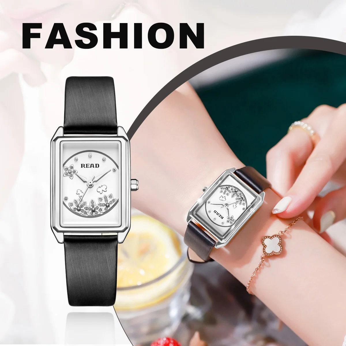 READ Ladies Rectangular Analog Watch | Flower Inlaid Dial | Black Textured Band | Daily Water Resistant Fashion Dress‑up Watch