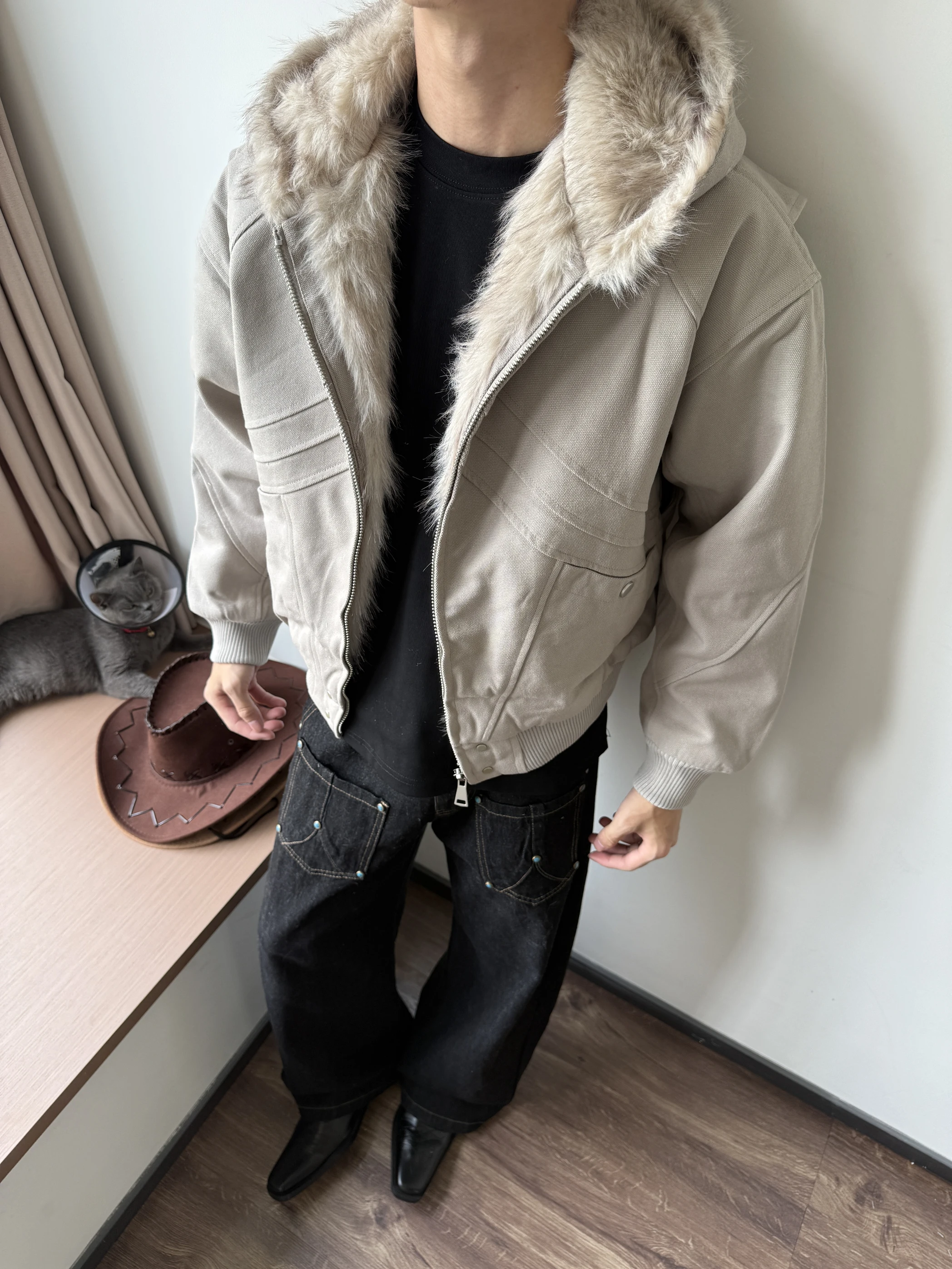 

Retro American Hooded Cotton Jaet ort Sle Men's Women's Couple Outerwear Warm Thiened Long Sve Zipper Closure