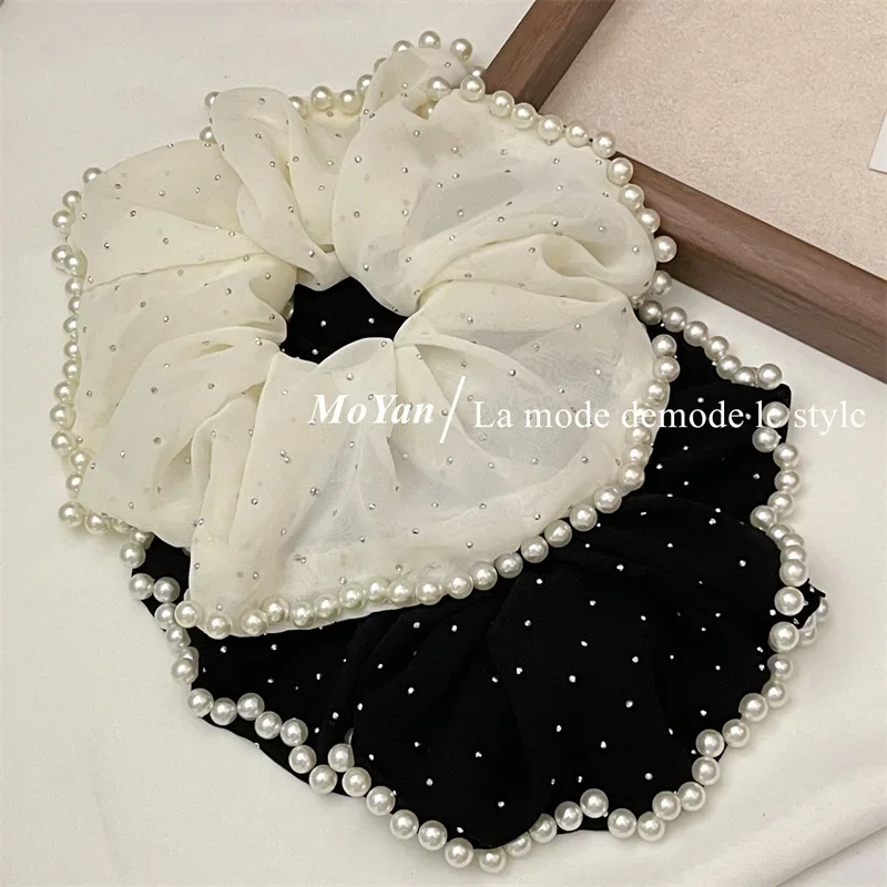 Super duże gumki do włosów dla dziewczynek z perłami, gumki z włóczki, czarne i białe gumki do grubych włosów, akcesoria do włosów.