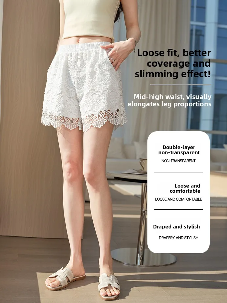 White Lace Embroidery High Waist Shorts Women Summer Outdoor Wear Thin Loose Inner  Prevent Exposure Slimming Effect