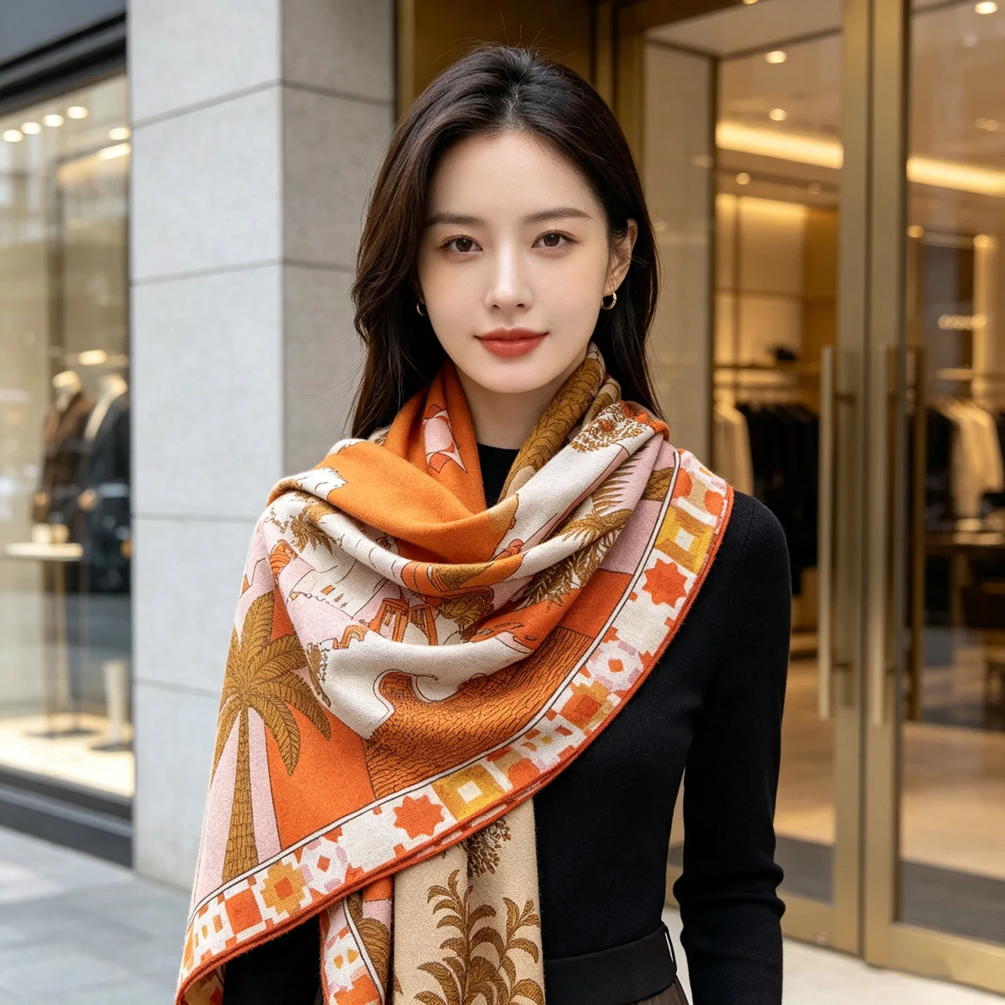 Double Faced Orange Scarf 135 Shawls Winter Silk Wool Scarfs Hand-rolled Edge Scarves Square Bandanas Christmas Valentine's Day