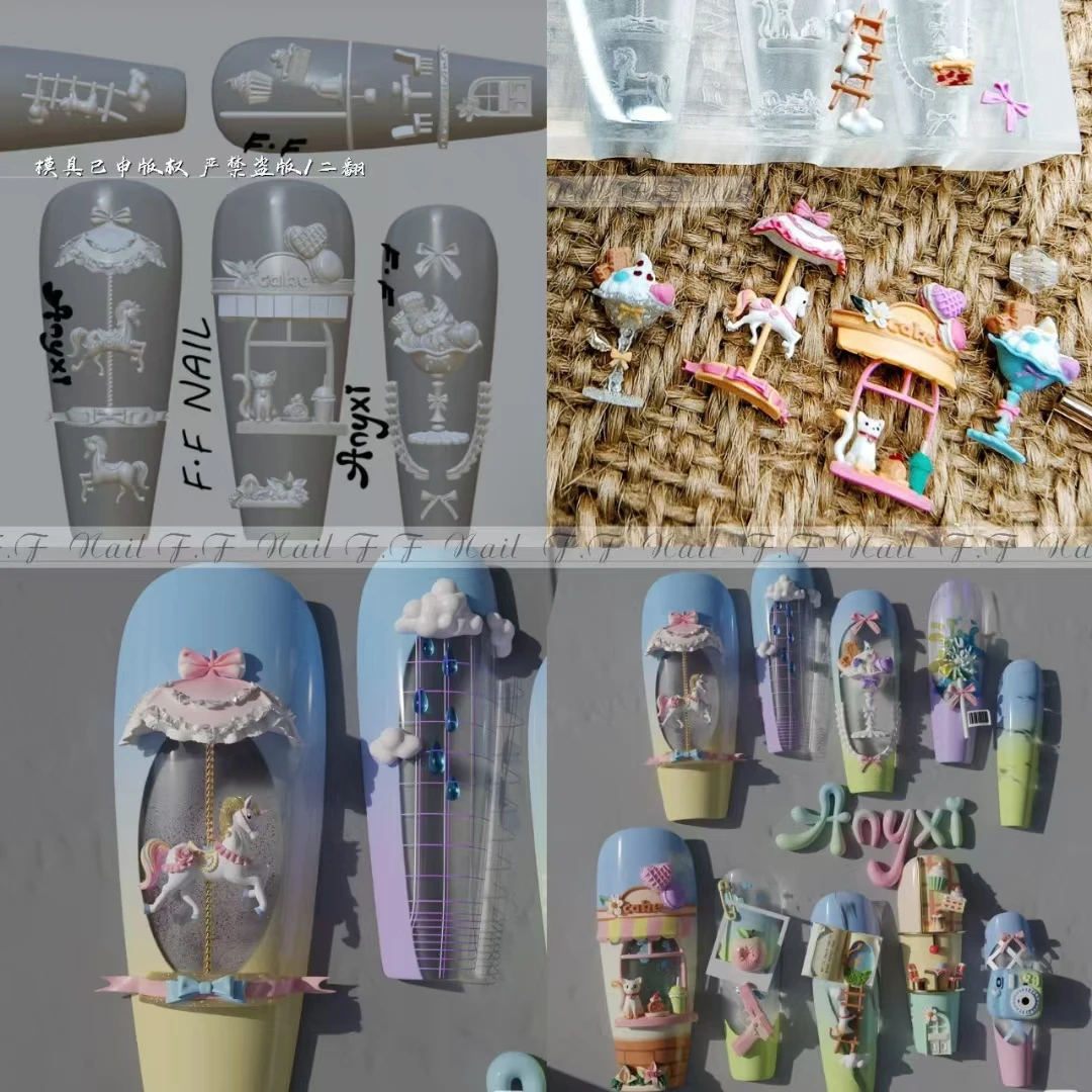 1pc Carousel Cat  Dessert Playground 3D Acrylic Nail Mold  Nail Art Decorations Silicone Nail Mould