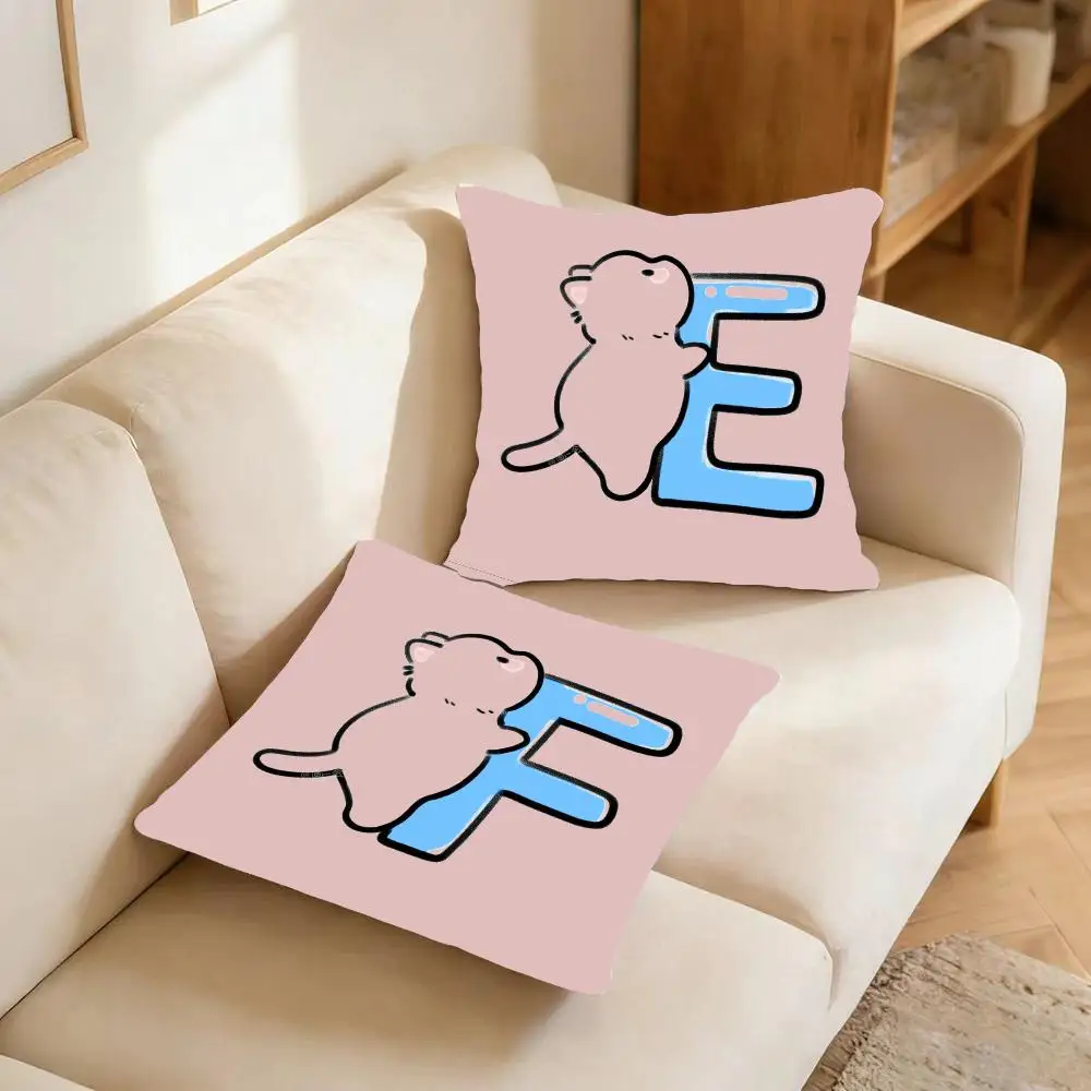 Adorable Minimalist C-Cute Cat Hugging English Letters Cushion Cover Warm coral fleece Cute kawaii plush Kawaii mascot throw