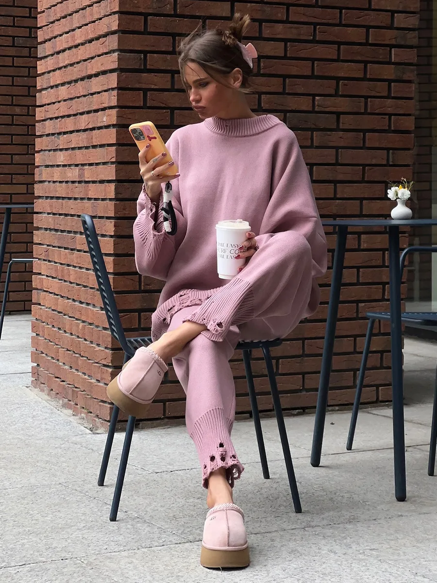 Bornladies Herbst-Winter Damen Neuer Rollkragen-Strickpullover mit Skinny-Strickhose Set, Weicher Oversized Pullover mit Abgerissenem Saum – Detail 16