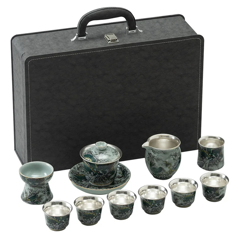

Light luxury 999 sterling silver tea set, household ceramic master cup, teapot cover bowl, a complete set business gifts
