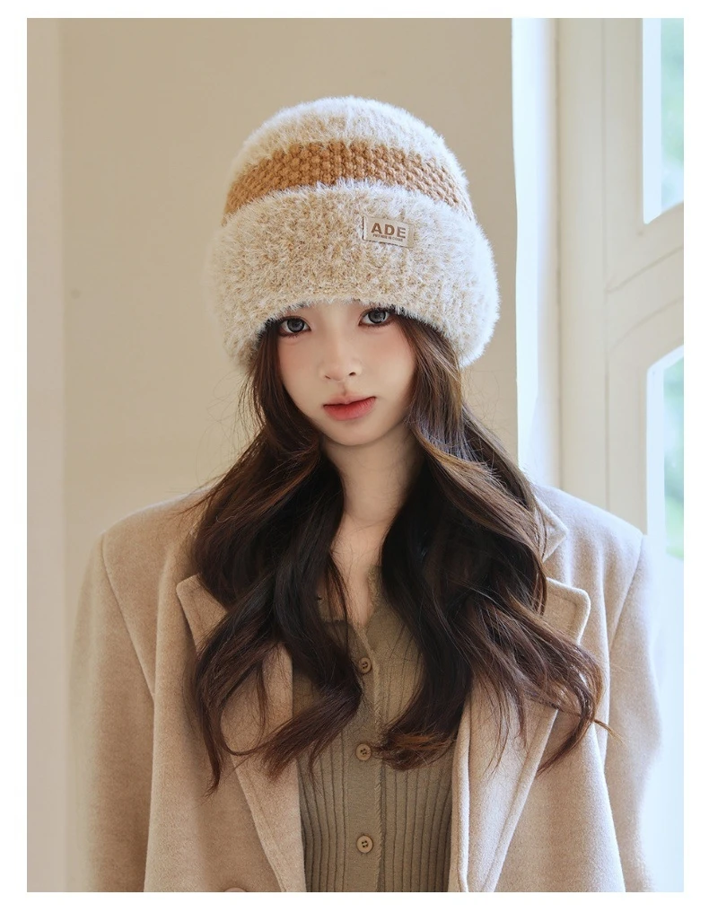 Autumn Winter Fisherman's Hat Women Korean Printed Plush Trimmed Sleeve Knit Hat Outdoor Windproof Warm Hat Lovely Soft