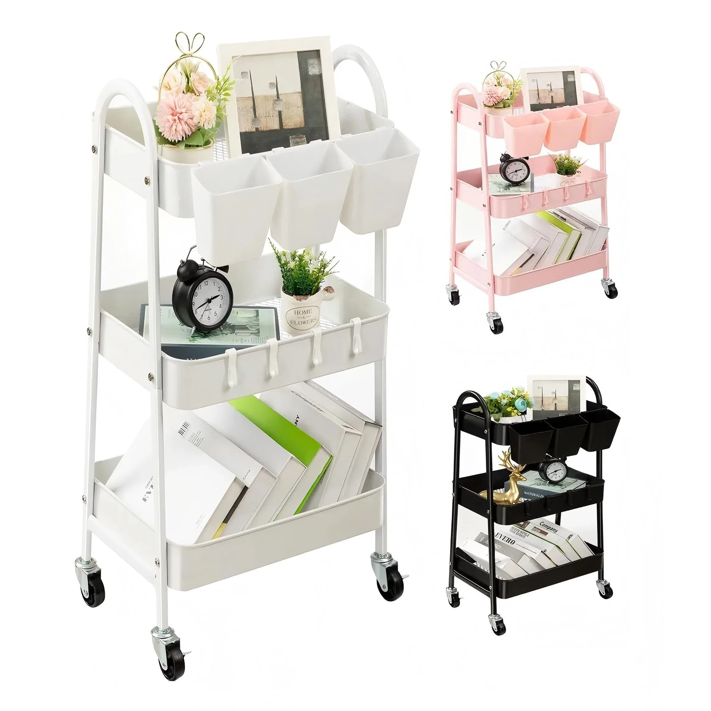 Three-layer metal caster stroller (with locking wheels)-multifunctional rolling rack,suitable for kitchens, bathrooms, garages,