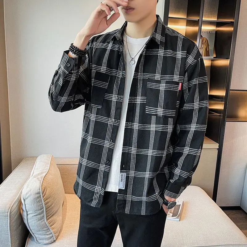 Spring Autumn Plaid Fashion Harajuku Shirt Men Loose Casual Korean Male Clothes Sport All Match Tops Long Sleeve Vintage Blouse