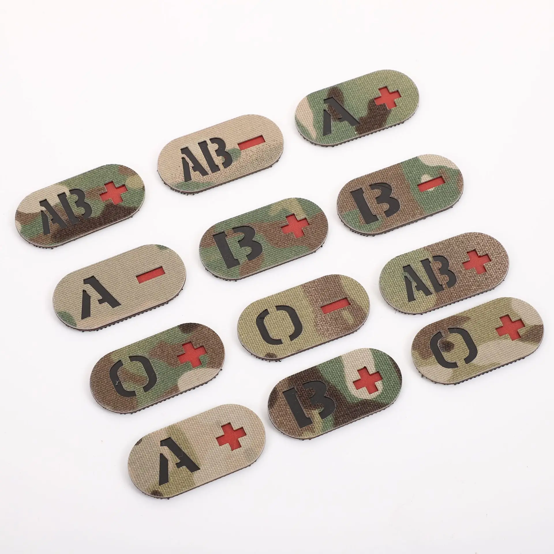 Military Camo Style Blood Type Reflective Patches Hook-back Adhesion Without Loop Side ABO Positive Negative Sign Tactical Badge