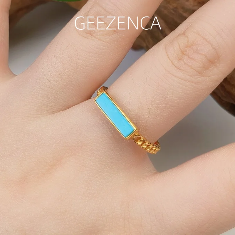 

GEEZENCA 925 Silver Gold Plated Solitaire Turquoise Long Bar Signet Ring Women Simple Trendy Adjustable Stacker Rings Party Gift