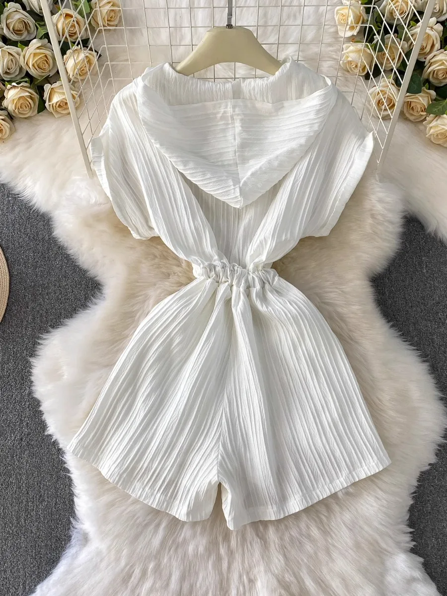 Foamlina Hot Girl Drawstring Waist Wide Leg Jumpsuit Women 2025 Summer Designer Half Zip Hooded White Slim Bodysuit Top