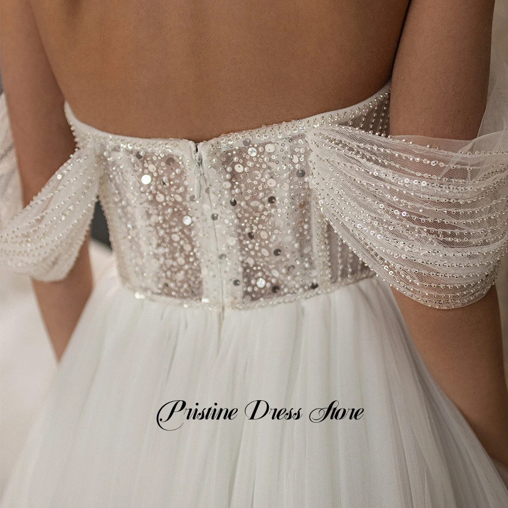 Prachtige dames trouwjurk met lovertjes kralen sexy strapless uit de schouder een lijn open rug bruidsjurken op maat