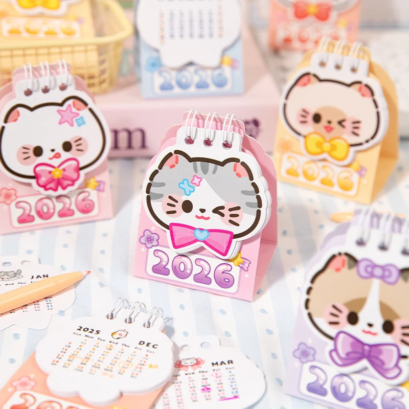 Mini Portable 2026 Desk Calendar Cat Shape Coil Calendar Book Cute Daily Planner Organizer Time Management Back To School
