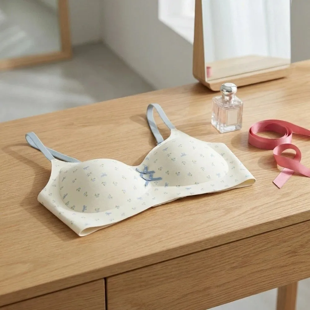 Traceless Dots Wireless V Bra Shockproof Flower Bow Brassiere for Women Lingerie Anti-sagging Push Up Underwear Girls Women