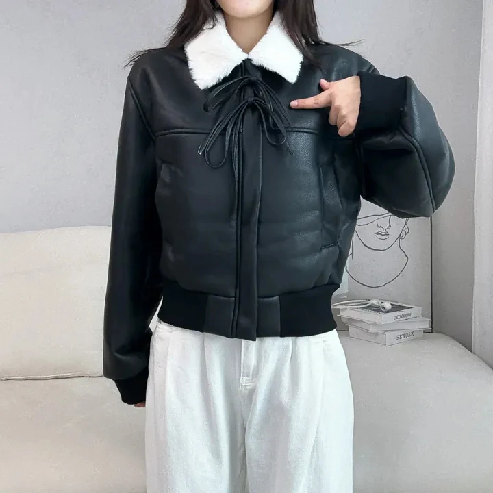 Women's Chic Thiened Fce Lined Leather Jaet Biker Sle All in One Fur Coat Long Sve Regular Length Bla Top