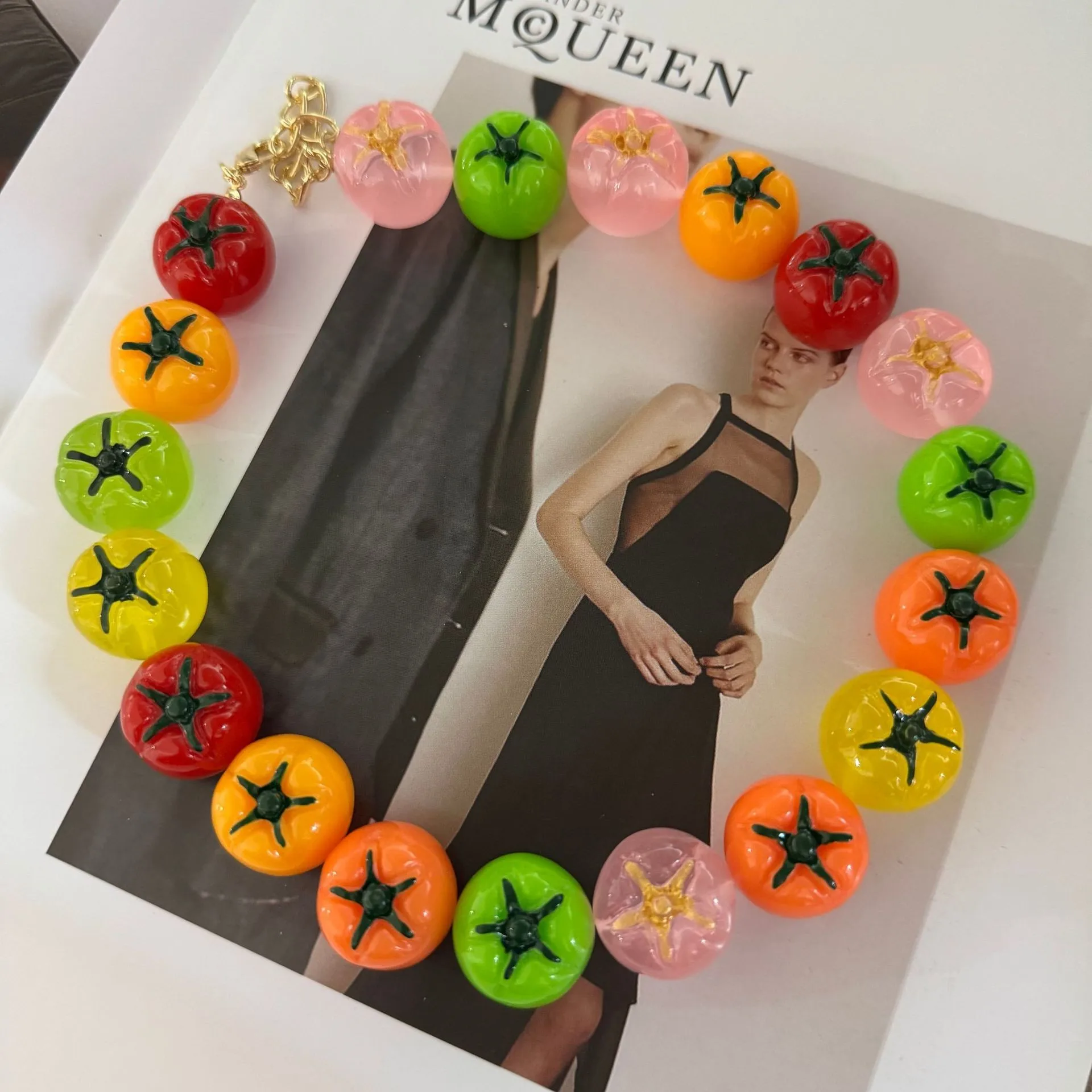 Fashionable Cute Rainbow Tomato Necklace Resin Toy Realistic Vegetable Food Party Jewelry Accessory