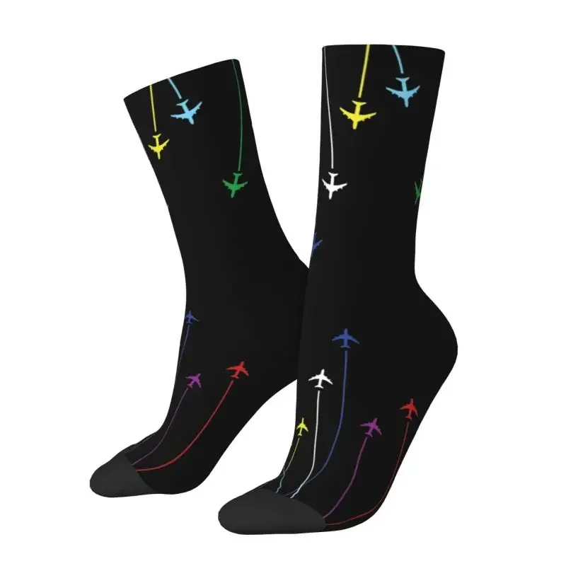 Rainbow Airplanes Flying On Eachother Dress Socks Mens Womens Warm Funny Novelty Aviation Fighter Pilot Crew Socks