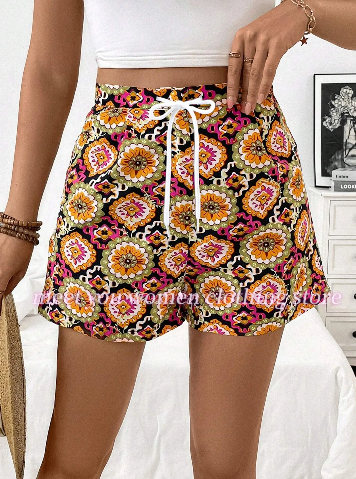 Summer Women  floral print Ethnic Style Seaside Beach Casual Shorts Hawaii Vacation Daily Shorts Home Shorts Female Clothing
