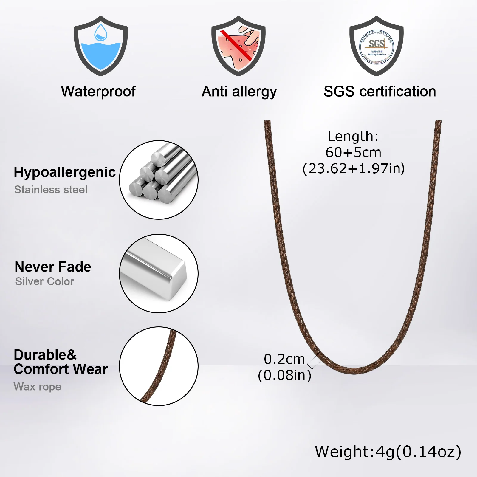 2mm Schwarze Braune Lederkette Halskette für Männer, Wasserdichter Edelstahl Verstellbarer Verschluss Gewachste Kordel Halsbänder Geschenk – Detail 1