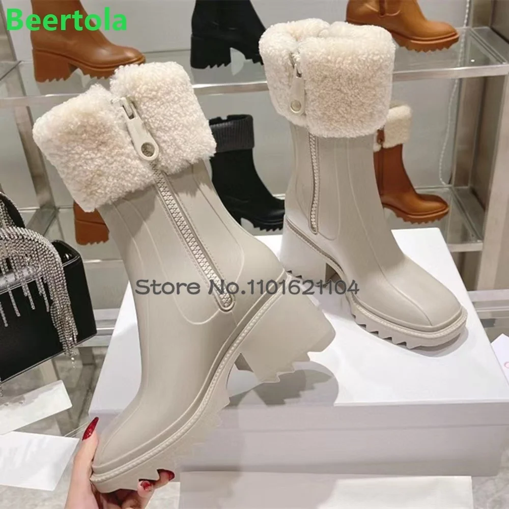 Chunky Heel Lambswool Luxury Boots For Female Women 2024 Winter New Sqaure Heel Side Zipper Non-slip Solid Fashion Elegant Shoes