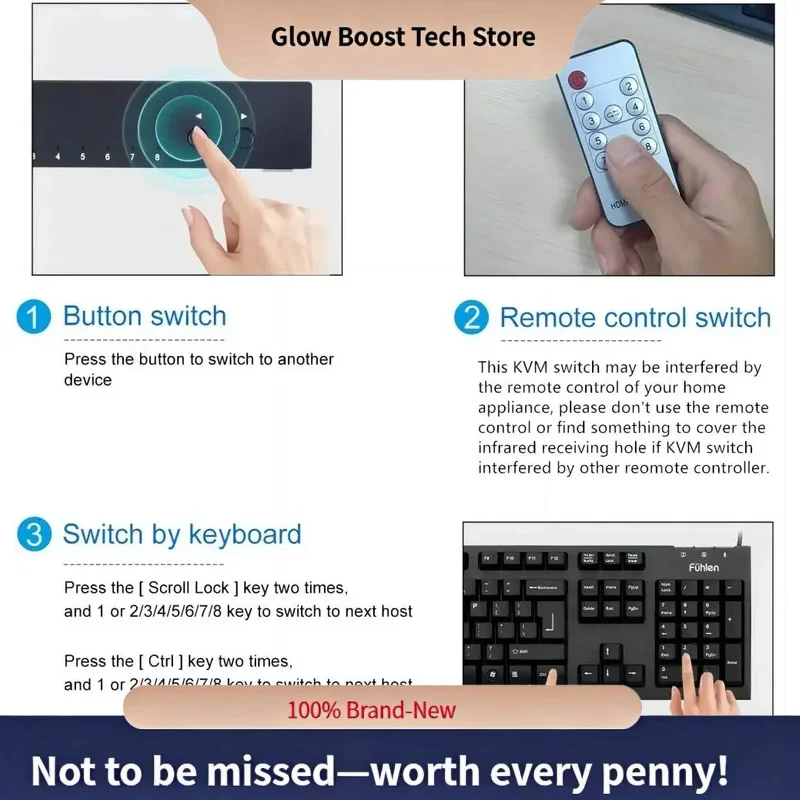 Glow AIMOS KVM Switch 8 In 1 Out Switch Share Monitor Mouse Keyboard Switcher 4K bis 30Hz Laptop, PC, PS4