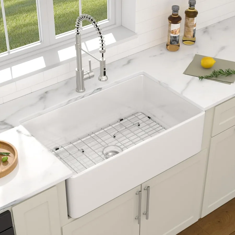 حوض مطبخ للمزرعة مقاس 30 بوصة مع تصميم أمامي لامع من البورسلين الأبيض اللامع حوض واحد مثالي للحديث والحديث