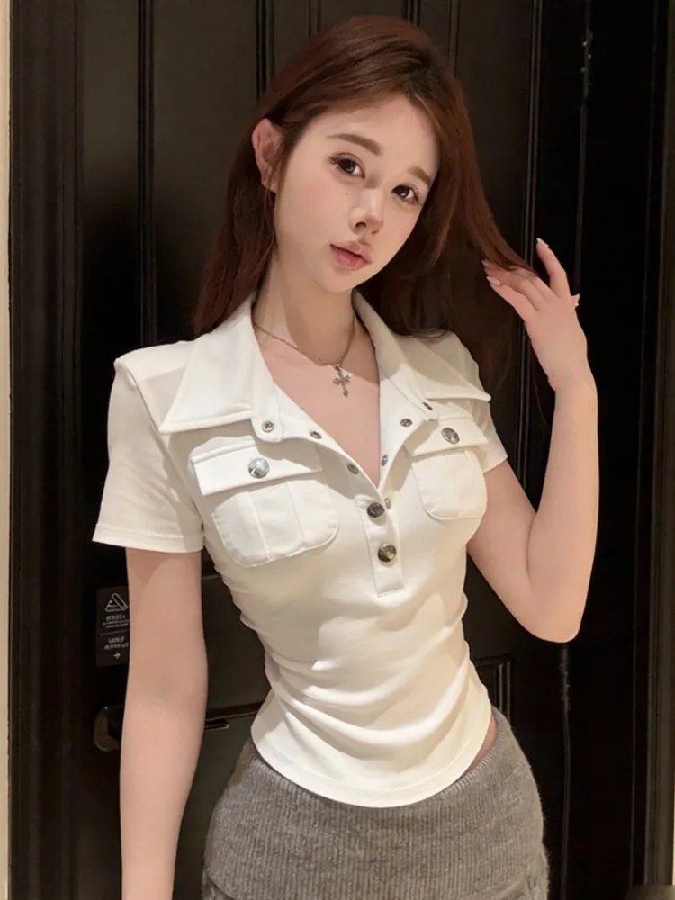 

Summer New Fashion White Collar Short Sleeve T-Shirt Women's Design Slimming Short Waist High Neck Knitted Top Citywalk ...