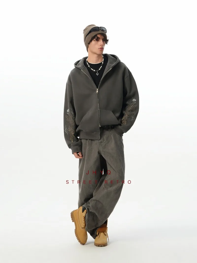 سويت شيرت بقلنسوة برشام عالي التحمل من American Retro Fashion Trend فضفاض كاجوال للخريف والشتاء سترة صوفية أنيقة للرجال