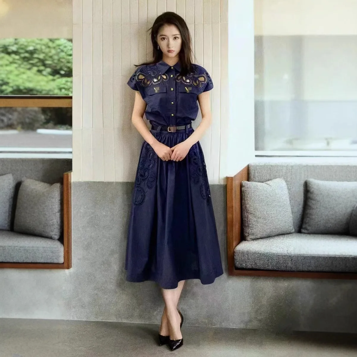 

Шикарные комплекты из двух предметов для женщин с лацканами и короткими рукавами, топы на пуговицах, длинная юбка с высокой талией, элегантный комплект, женский новый