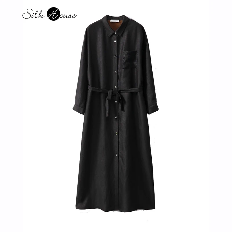 2024 Women's Luxury Autumn New 100%Natural Mulberry Silk Gambiered Guangdong Gauze Long Sleeve Black Single Breasted Shirt Dress