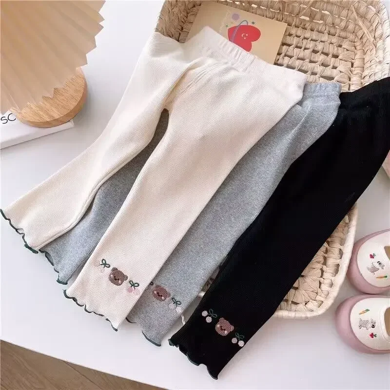 

Summer Children Girls Cropped Pants Ruched Leggings Embroidery Bear Prints Thin Capris Kids Elestic Waist Straight Pants