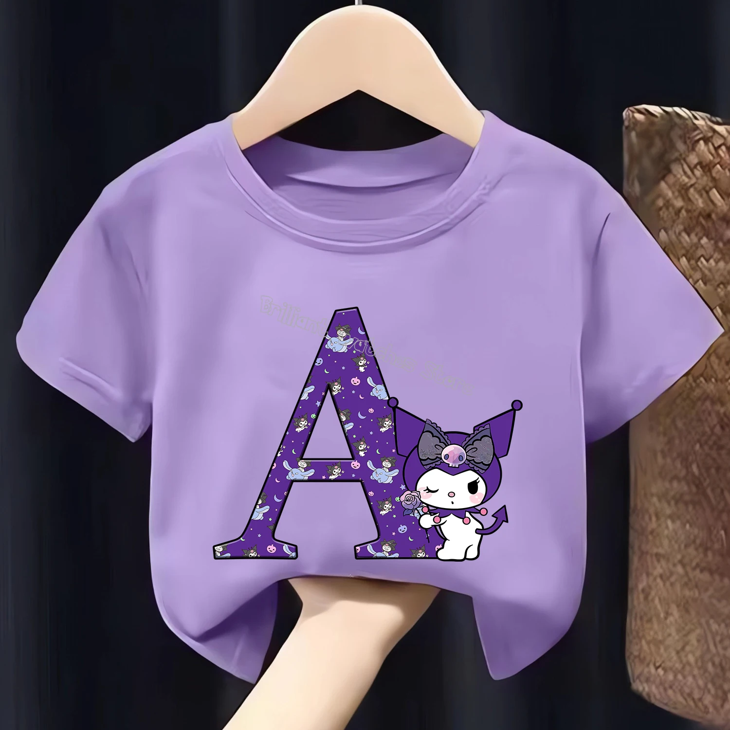 Kuromi Letter A-Z T-shirt for Children Cute Cartoon Clothes Fashion Top Clothing New Purple Short Sleeve Summer Tee Kids Gift