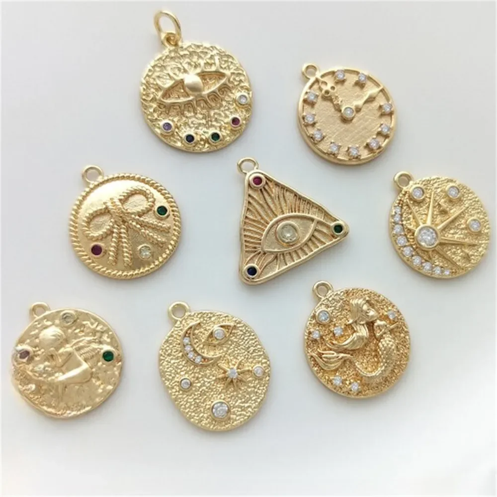 14K Color Gold Colored Zirconium Eyes Star Moon Angel Clock Medallion Pendant DIY Jewelry Hang Tag Charms Pendant K495