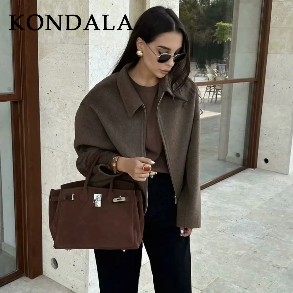 KONDALA 2026 Spring Women Casual Solid Jackets Fashion Streetwear Zipper Turn Down Collar Chic Ladies Jackets