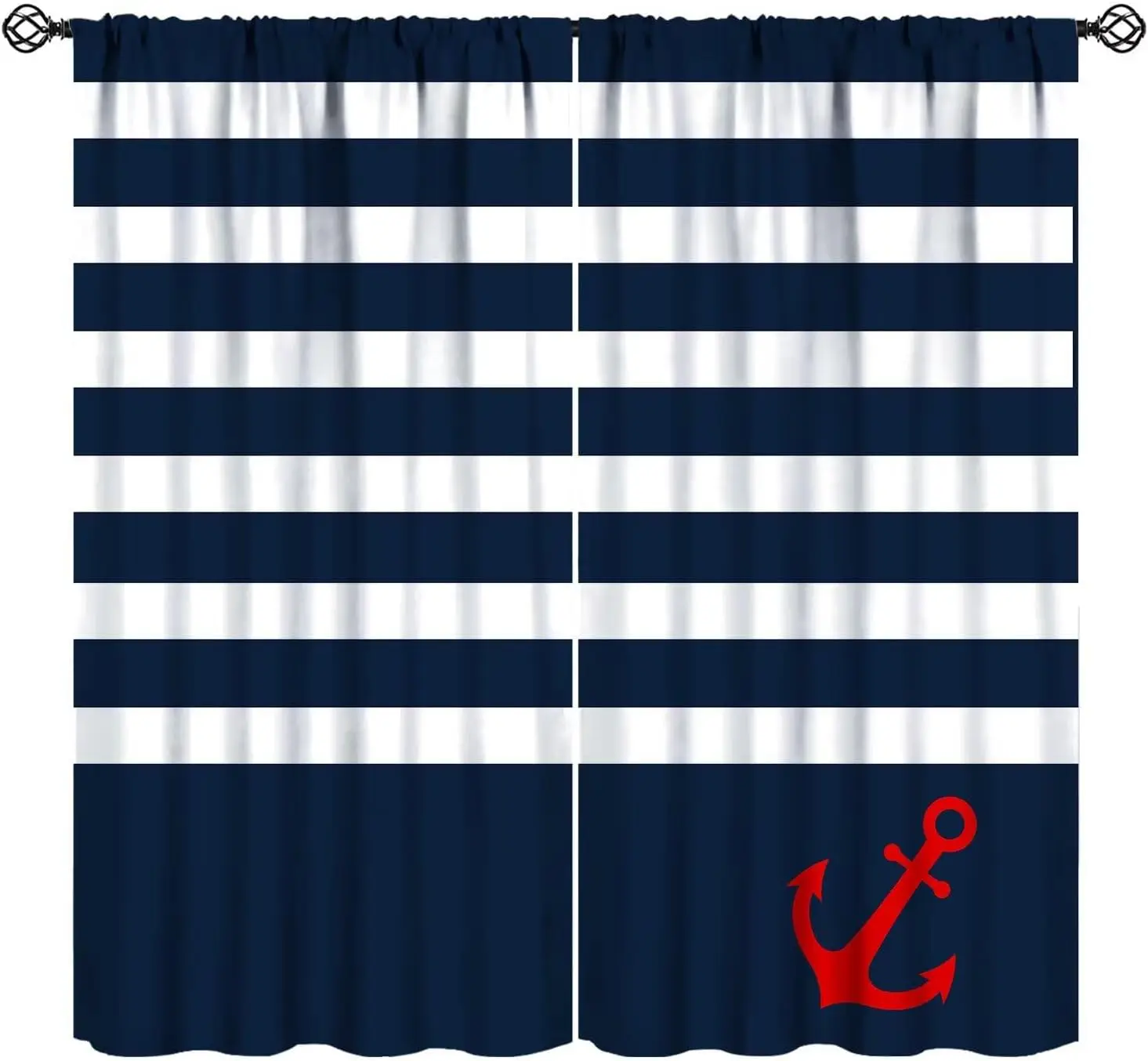 Nautical Stripe Blue White Window Curtain Coastal Decor Anchor Design Maritime Theme Window Treatment Drape Beach Style Home Acc