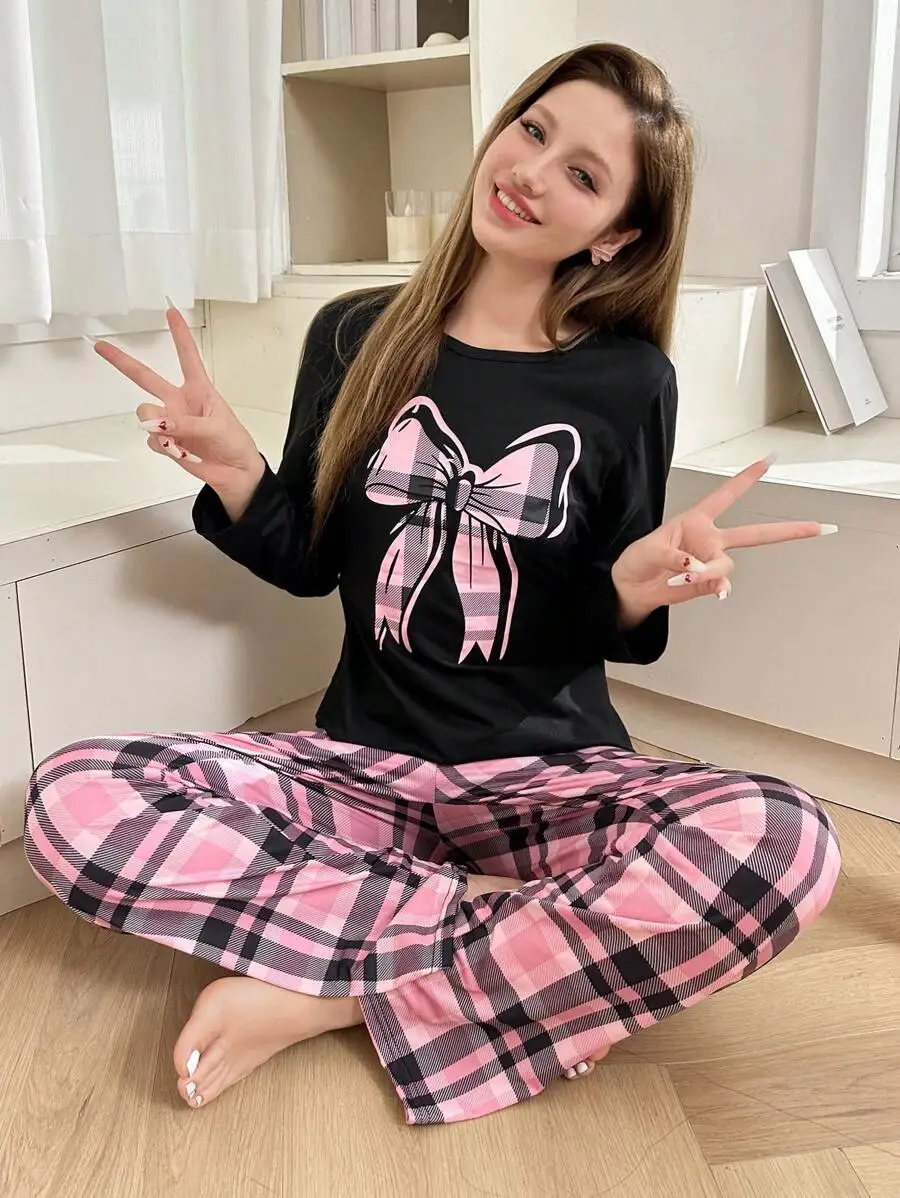

Black Long Sleeve Pajama Set with Pink Plaid Bow Print, Cozy Winter Lounge Wear