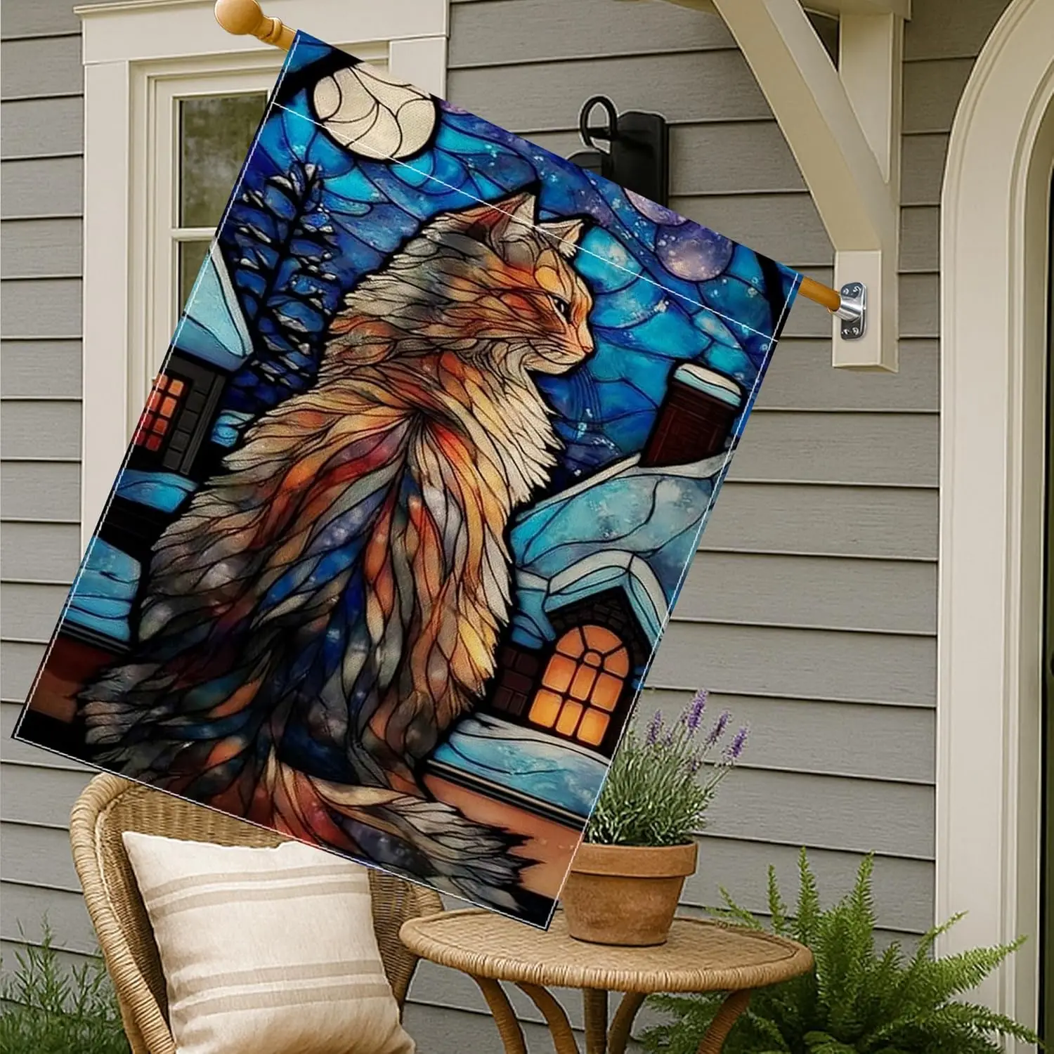 Winter Cat Garden Flag, Colorful Stained Glass Design Yard Banner, Double Sided Decorative Outdoor Flag for Holiday Home Dec UUX