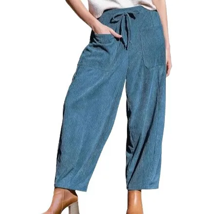Women's Corduroy Pants  Loose Wide Leg Pants  Casual Elastic Waistband  Haren Pants with Pockets