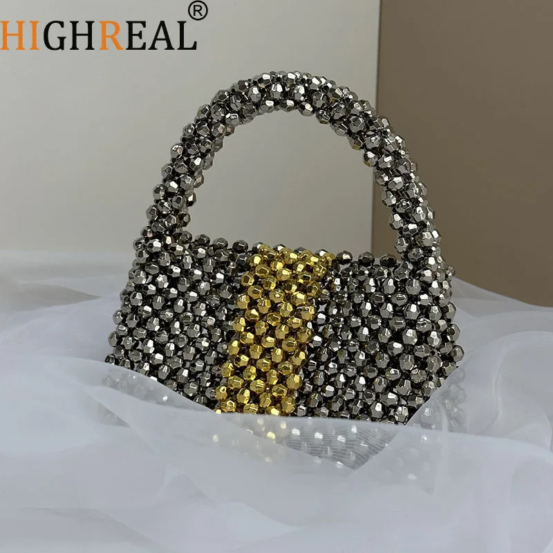 

Ladies Silver Gold Plated Shoulder Handle Portable Handbag Flap Bucket Rocky Girl Bag Clutches Acrylic Handmade Beading Bag