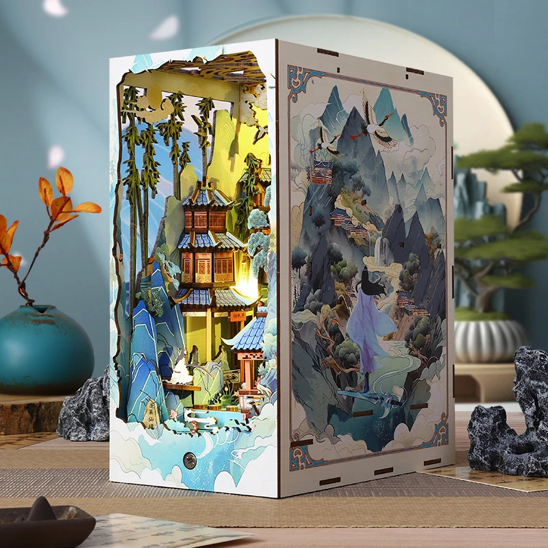 Diy Wooden Book Nook Shelf Insert Kits Miniature Model Kit Penglai Wonderland Casa Bookshelf Assembled Bookends Friends Gifts