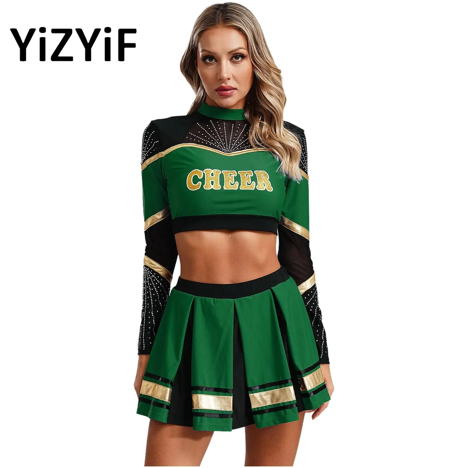 

Women Cheer Leader Dance Outfit Cheerleading Set Long Sleeve Sequins Crop Top with Pleated Skirt Set Cheer Uniform