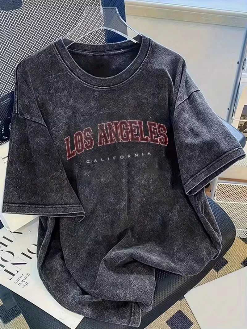 Herren Damen Retro Washed T-Shirt Vintage Los Angeles Varsity Text Grafikdruck Oversized Unisex Street Style Kurzarm-T-Shirt Top – Detail 2