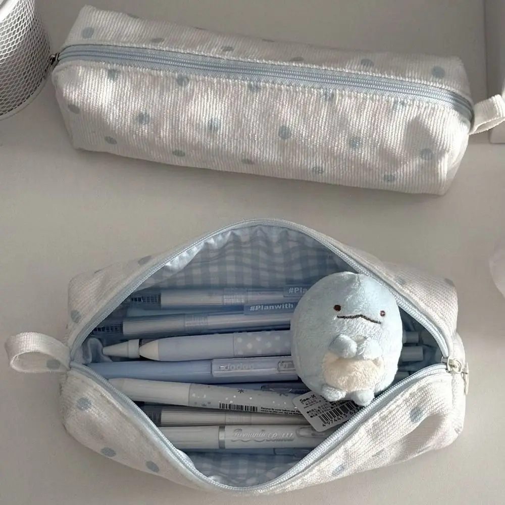Portable Cream Color Pencil Case Multi-functional Large-capacity Pen Bag Polka Dot Stationery Storage Bag Students Gift