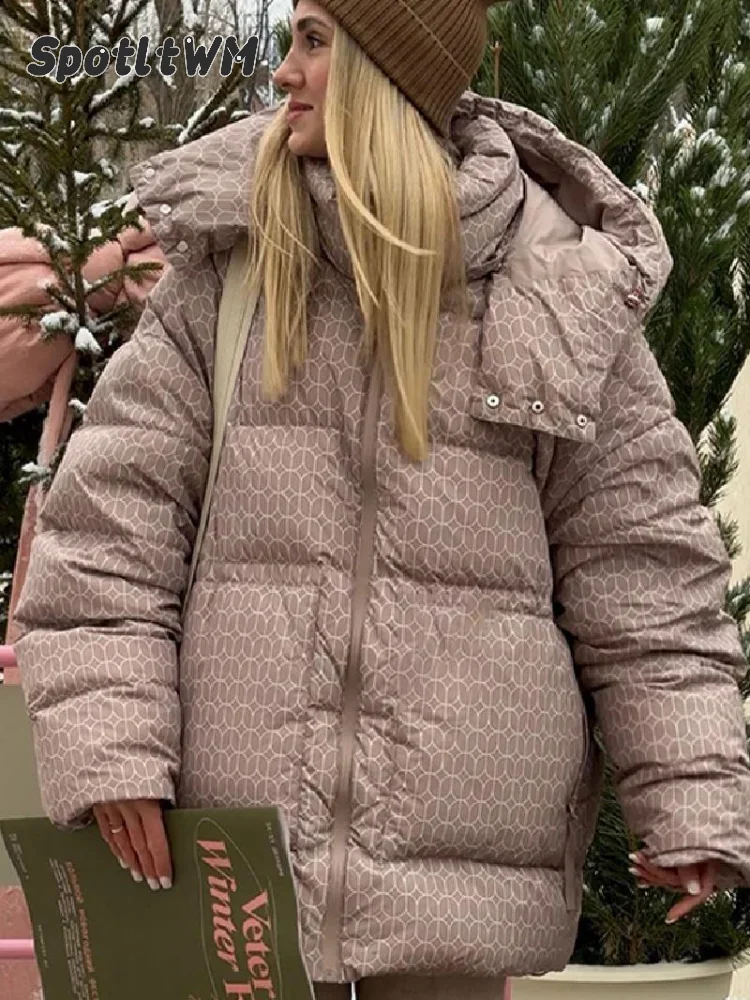 Women's Printed Hooded Puffer Jacket Loose Oversized Zip Up Mid-length Padded Coat Warm Long Sleeve Winter Casual 2026 Outerwear