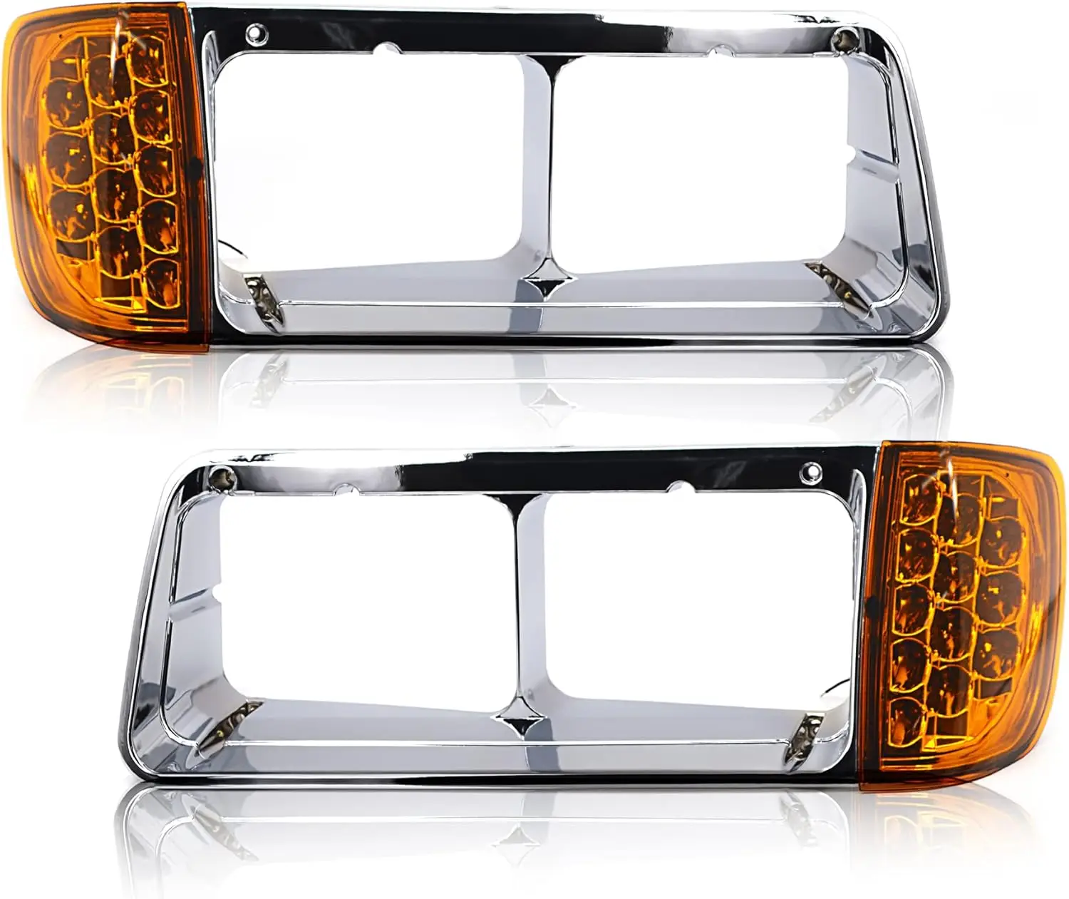 Pair of Headlight Bezels with Amber LED Turn Signal Light Assembly for 1989-2002 Semi Trucks, DOT SAE Approved, Left and Right S
