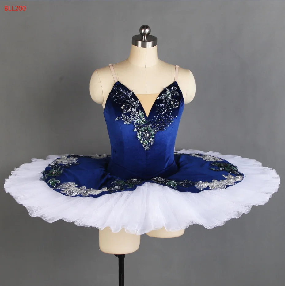 BLL200 Dark Blue Professional Classical Ballet Dance Tutu with Nude V Neck Performance Costume Solo Pancake Tutu Ballerina Dress